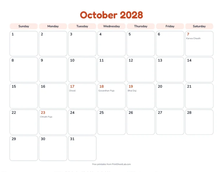 October 2028 calendar with Diwali 2028 on October 17