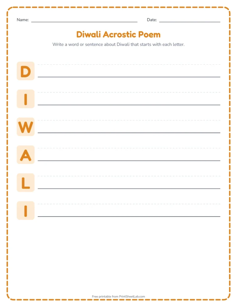 Diwali acrostic poem worksheet: write a word for each letter of DIWALI