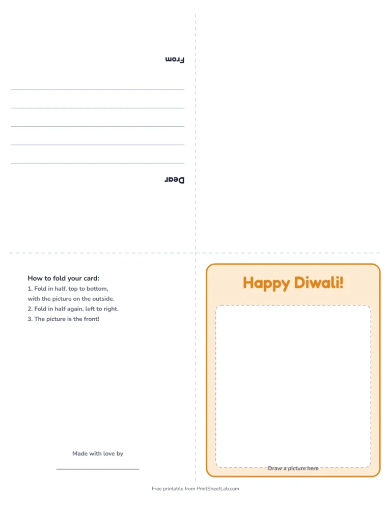 Diwali card printable: a fold-up greeting card that says Happy Diwali!