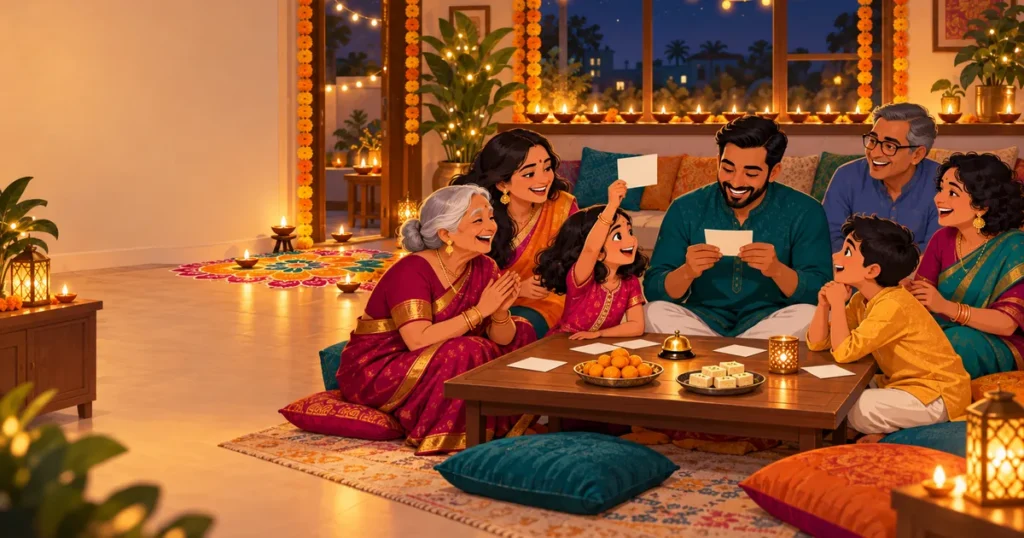A family plays a Diwali quiz on floor cushions, with rows of lit diyas and a rangoli in the room