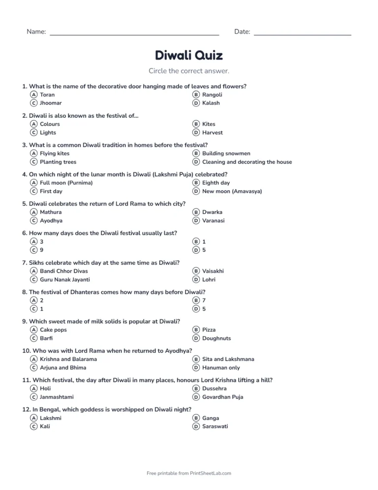 Diwali quiz quiz sheet in black and white with 20 questions