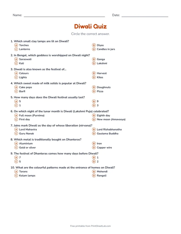 Diwali quiz: printable multiple-choice quiz sheet with 10 questions