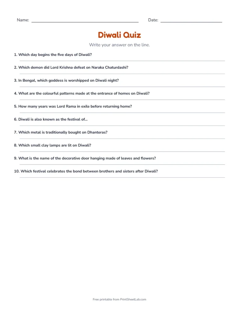 Diwali quiz write-in quiz sheet with lines for the answers