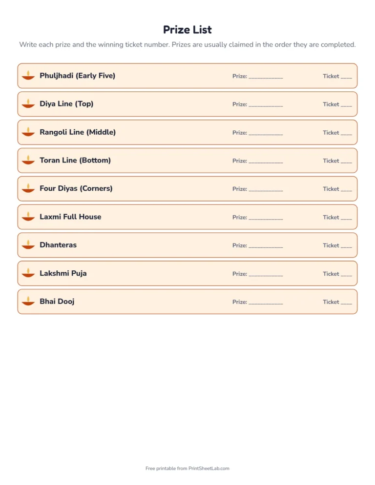 Diwali tambola prize list with themed prize names and space for winners