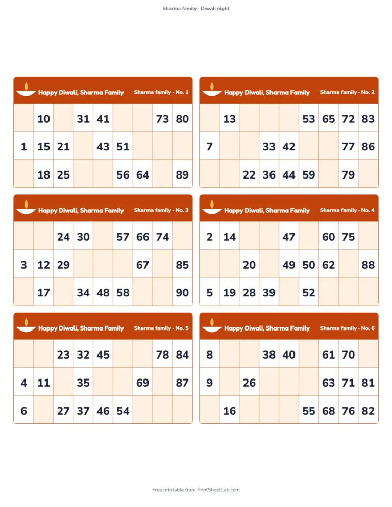 Diwali tambola: printable tickets titled Happy Diwali, Sharma Family
