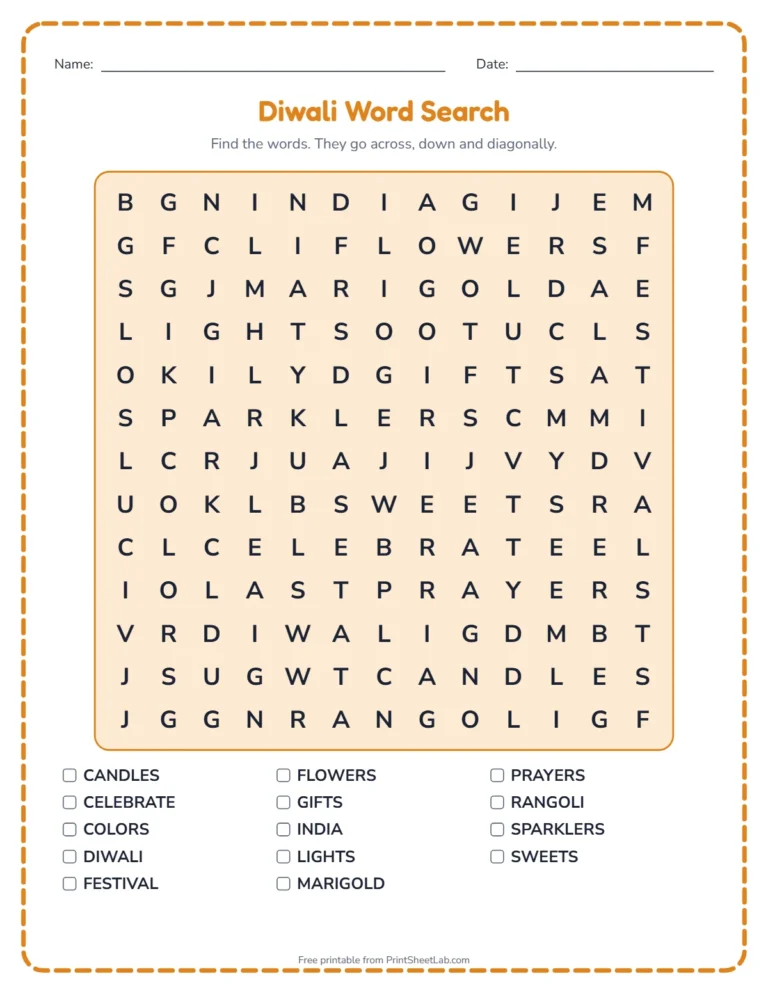 Diwali worksheets: word search printable with Diwali words and a word list