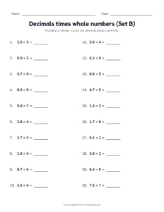 Decimals times whole numbers (Set B) printable worksheet for grades 5 and 6
