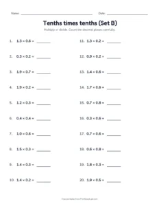 Tenths times tenths (Set B) printable worksheet for grades 5 and 6