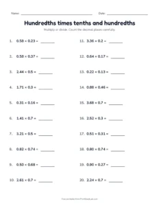 Hundredths times tenths and hundredths (Set B) printable worksheet for grades 5 and 6