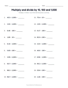 decimal multiplication practice: powers of ten
