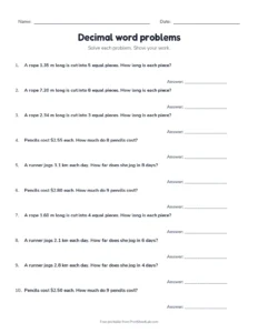 Decimal word problems printable worksheet for grades 5 and 6