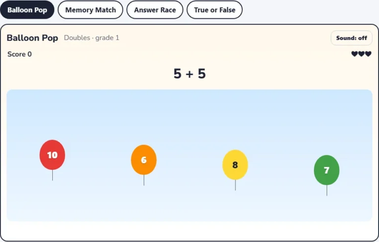 Doubles addition game Balloon Pop with balloons showing the answer to 5 + 5