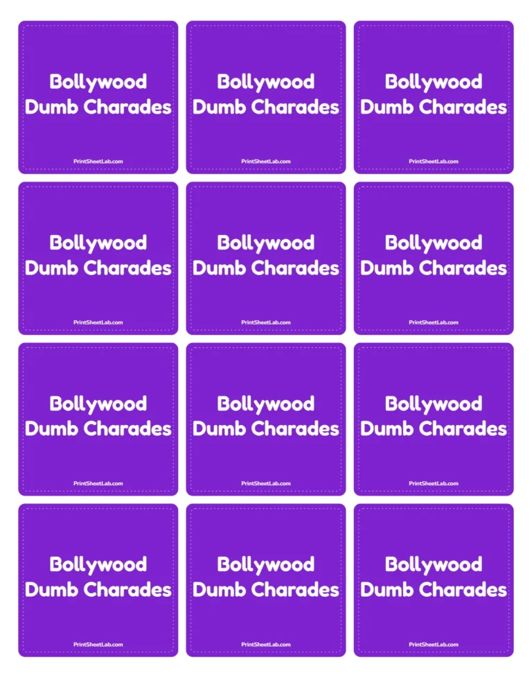 Dumb charades movie names card backs to print on the reverse of the cards