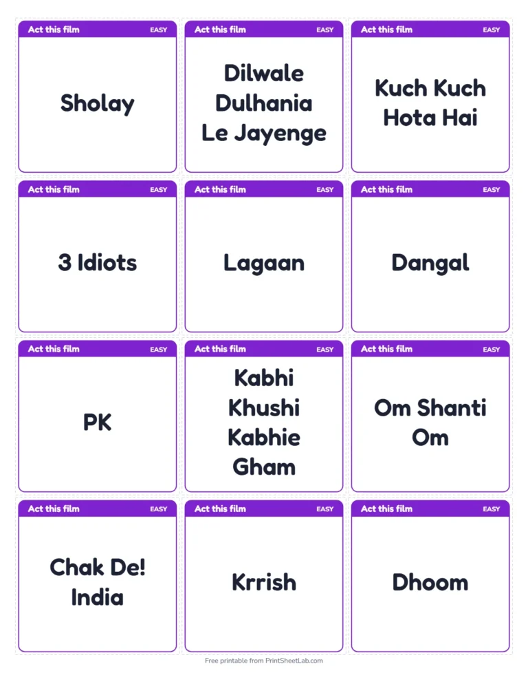 Dumb charades movie names: printable cards for the easy level, 12 on a page
