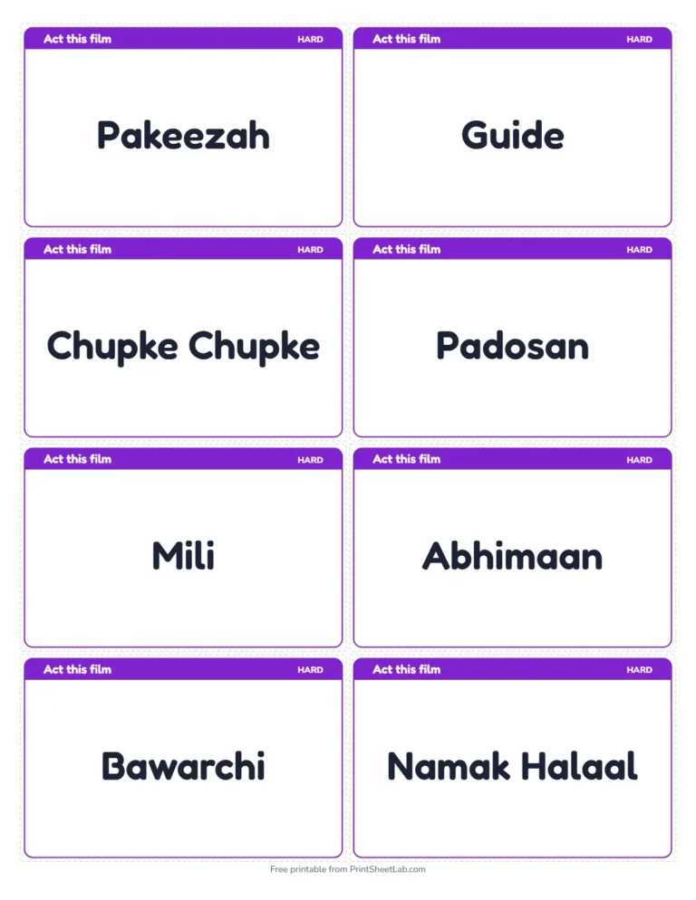 Dumb charades movie names big cards for the hard level, 8 on a page
