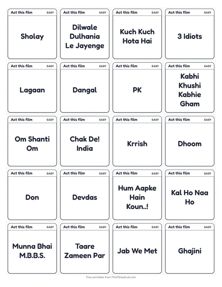 Dumb charades movie names small cards in black and white, 20 on a page