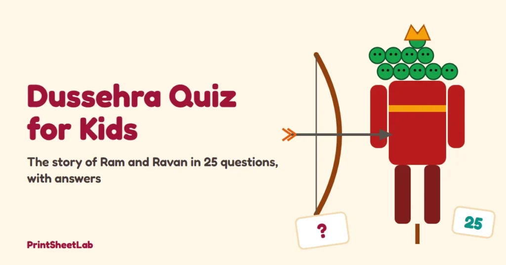 Dussehra quiz for kids cover with a bow and arrow, a ten-headed Ravana effigy and question cards