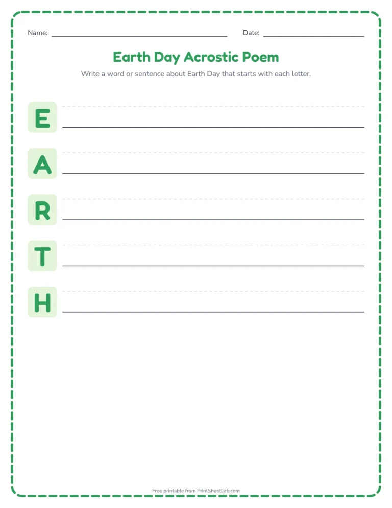 Earth Day acrostic poem worksheet: write a word for each letter of EARTH