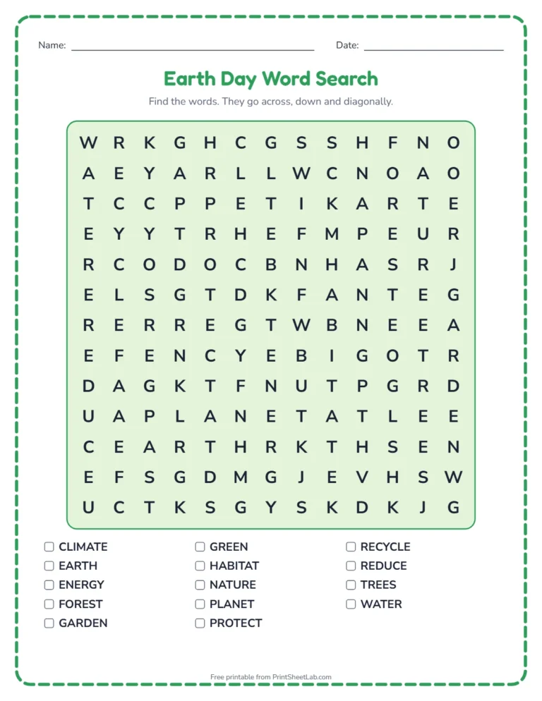 Earth day worksheets: word search printable with Earth Day words and a word list