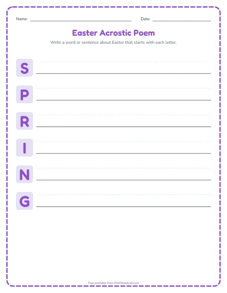 Easter acrostic poem worksheet: write a word for each letter of SPRING