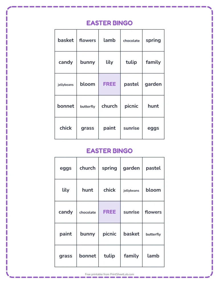 Easter bingo printable: two different bingo cards with Easter words