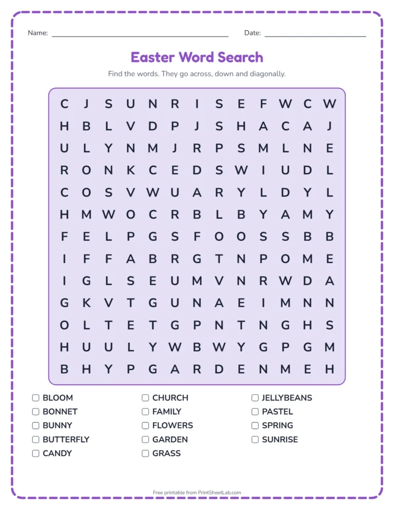 Easter worksheets: word search printable with Easter words and a word list