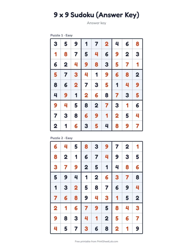 Easy sudoku answer key page with the solutions to two free sudoku puzzles
