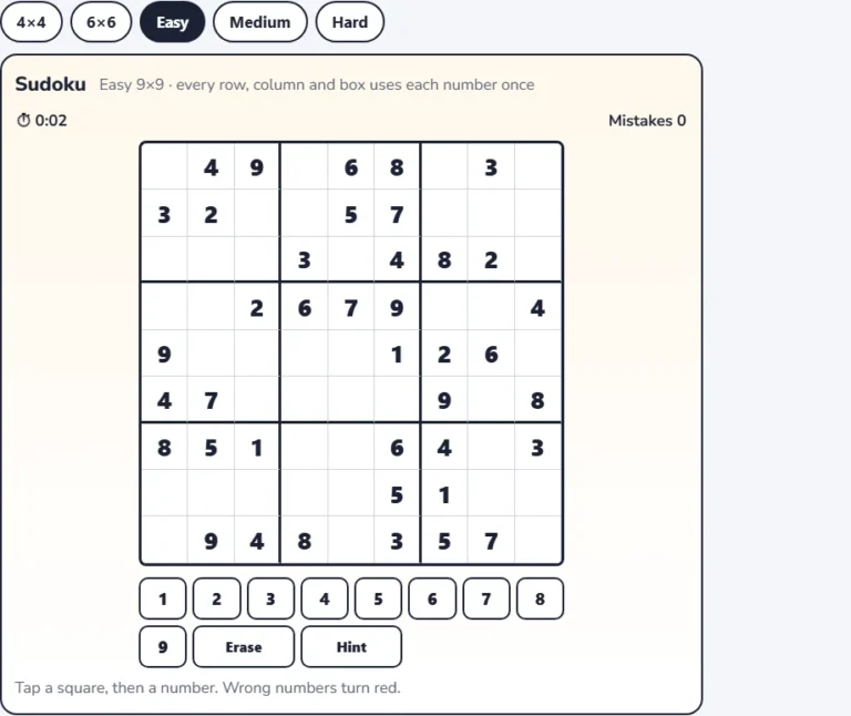 Easy sudoku online 9x9 puzzle with 40 numbers given and the number keypad