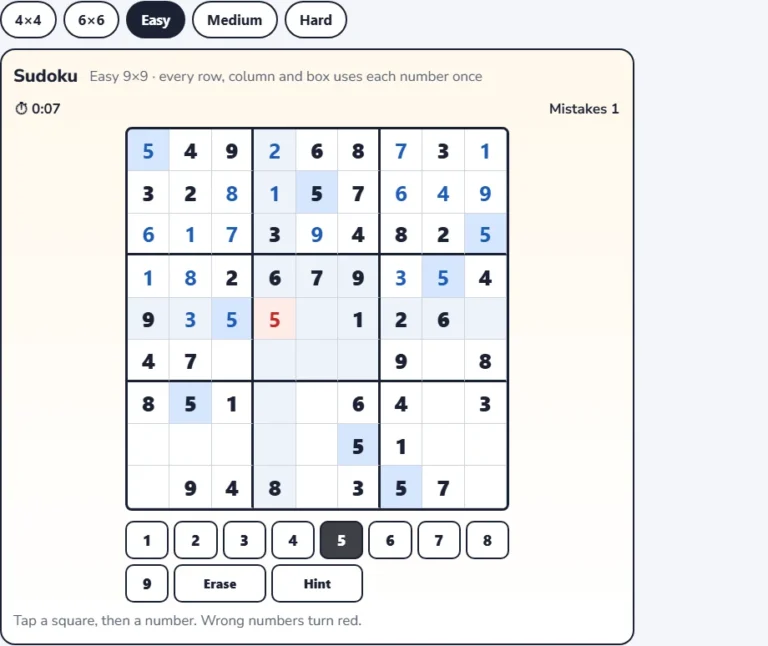 Free sudoku puzzles online with a wrong number shown in red and the mistakes counter at 1