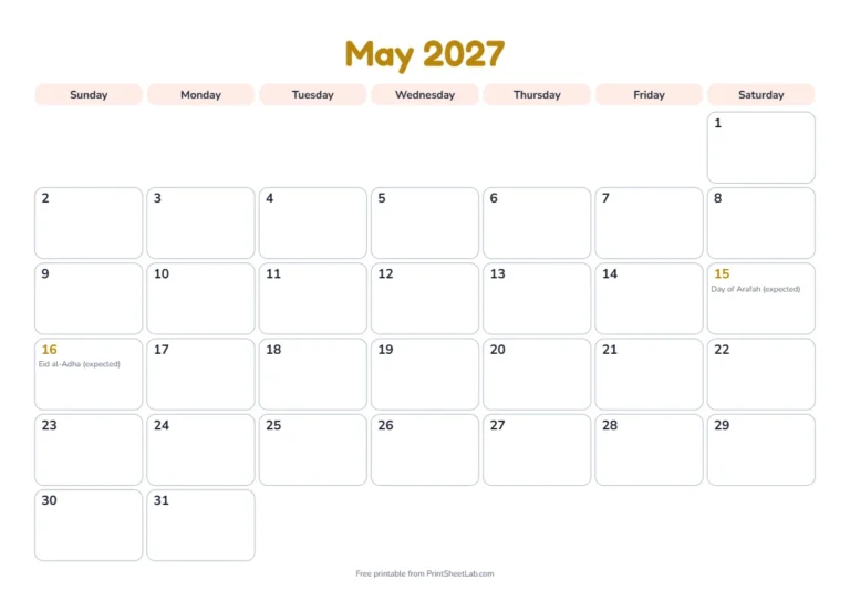 May 2027 calendar with the Day of Arafah and Eid al Adha 2027