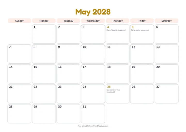 May 2028 calendar with the Day of Arafah and Eid al Adha 2028