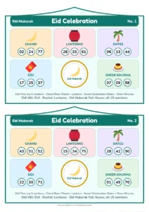 Eid Celebration Tambola picture tambola tickets with themed prize sections