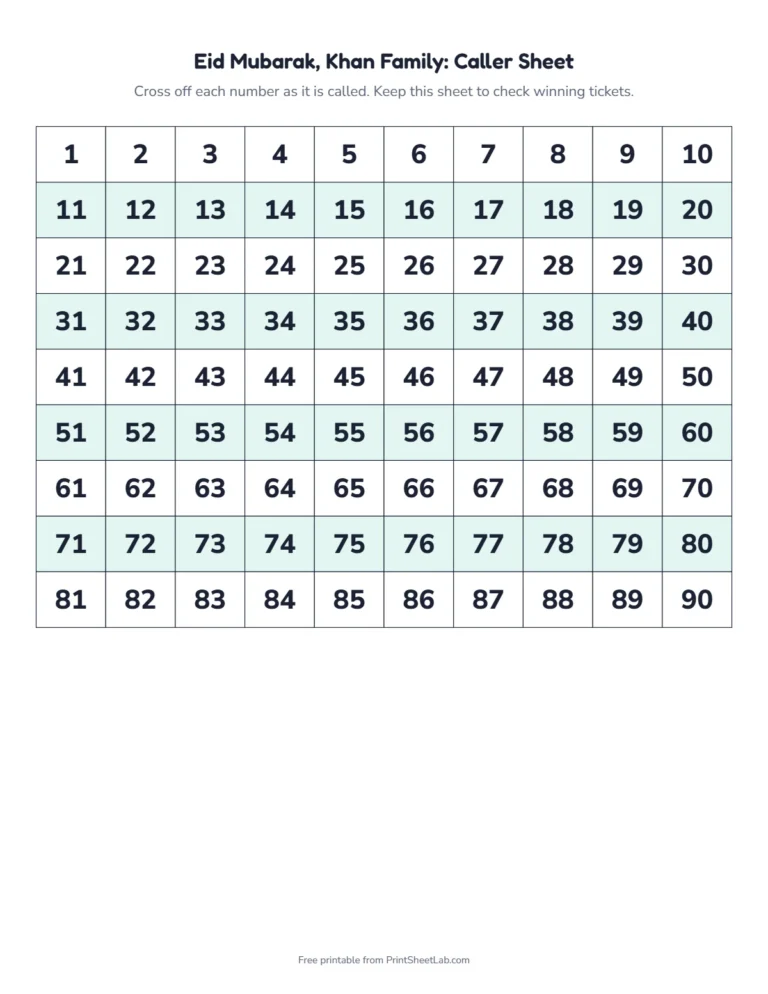 Eid tambola caller sheet: a 1 to 90 number grid to cross off as you call