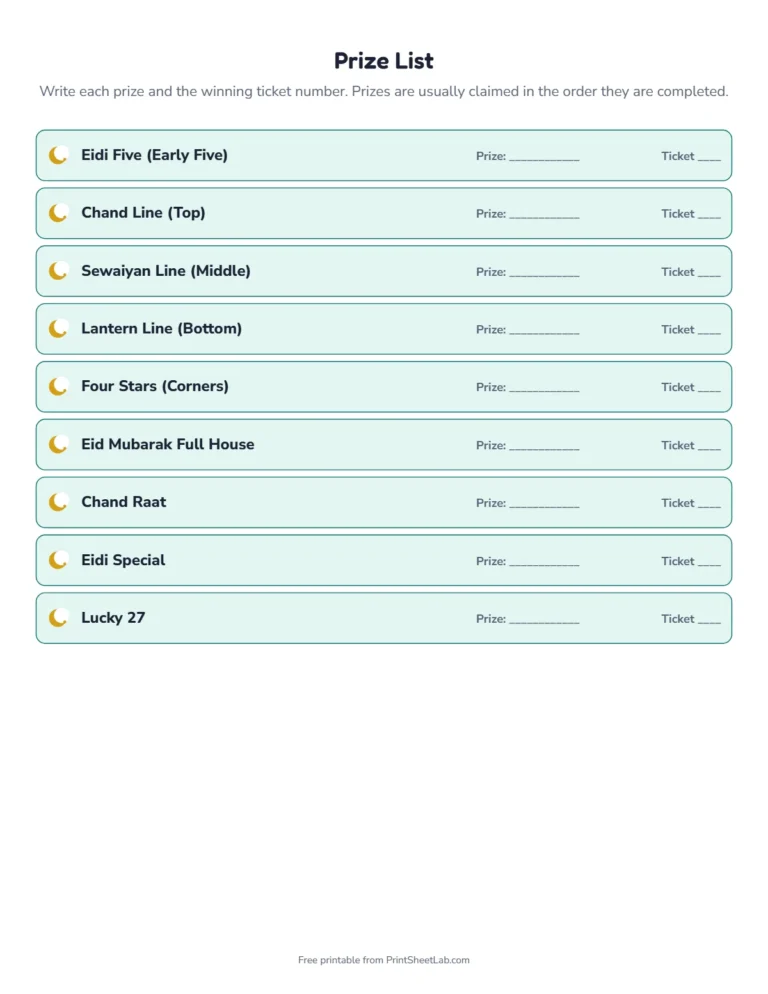 Eid tambola prize list with themed prize names and space for winners