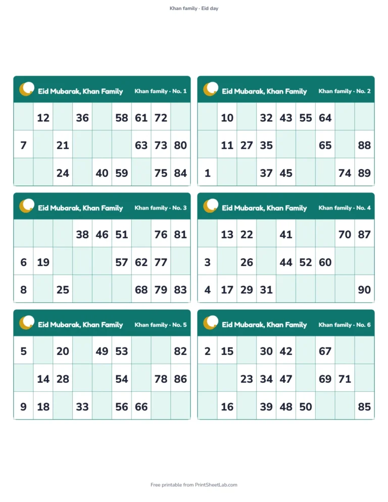Eid tambola: printable tickets titled Eid Mubarak, Khan Family