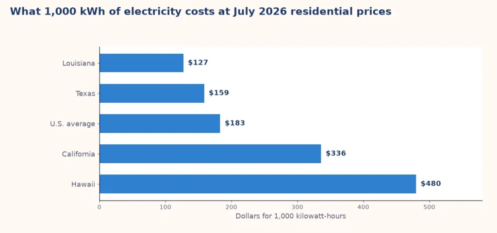 Bar chart of the cost of 1,000 kilowatt-hours in Louisiana, Texas, the US average, California and Hawaii