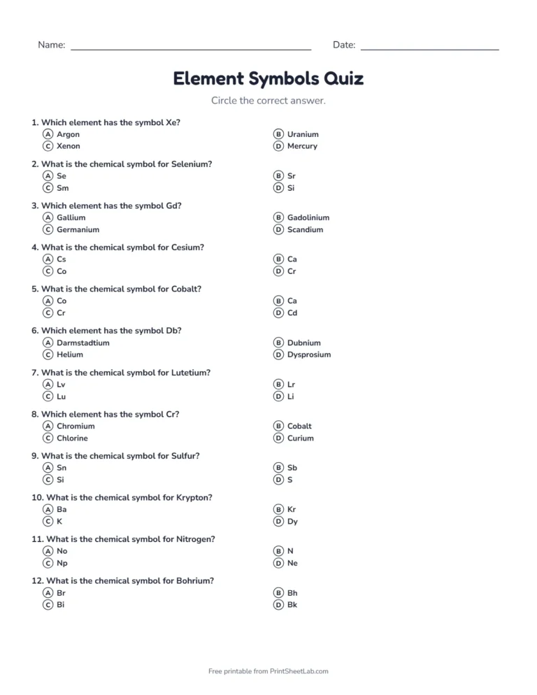 Element symbols quiz sheet in black and white with 20 questions