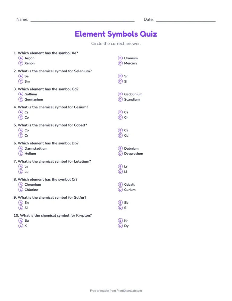 Element symbols quiz: printable multiple-choice quiz sheet with 12 questions