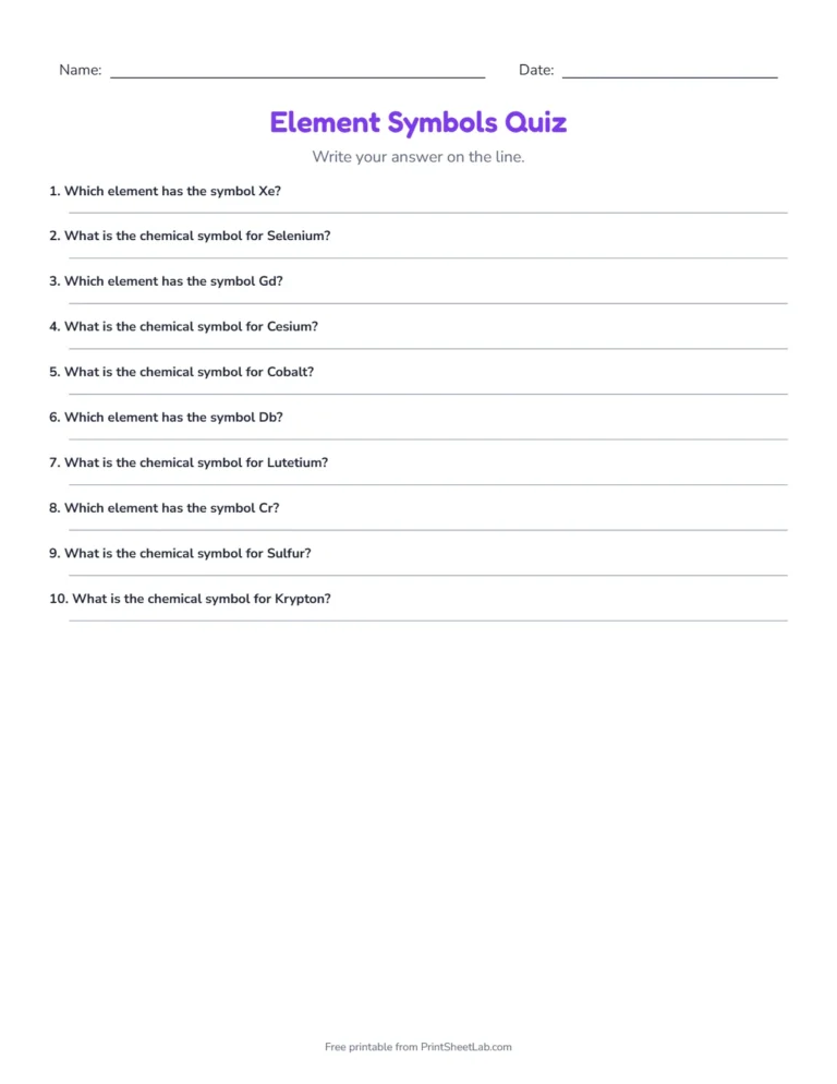 Element symbols quiz write-in sheet with lines for the answers
