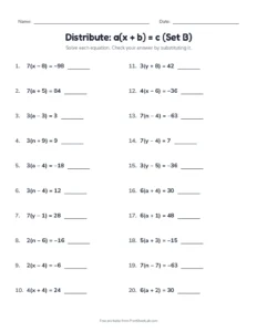Distribute: a(x + b) = c (Set B) printable worksheet for grades 7 and 8