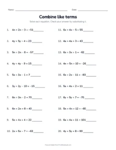Combine like terms printable worksheet for grades 7 and 8
