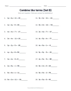 Combine like terms (Set B) printable worksheet for grades 7 and 8