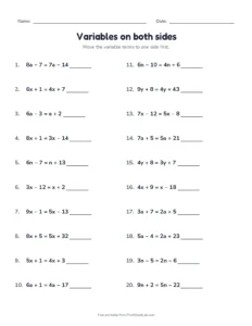 Variables on both sides printable worksheet for grade 8