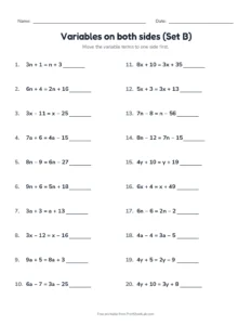 Variables on both sides (Set B) printable worksheet for grade 8