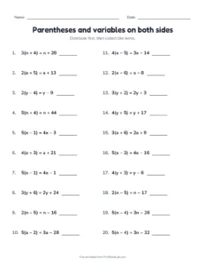 Parentheses and variables on both sides printable worksheet for grade 8
