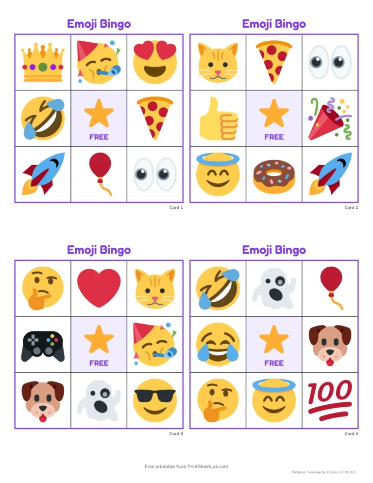 Emoji bingo cards for preschool: 3 by 3 picture-only cards with a free star