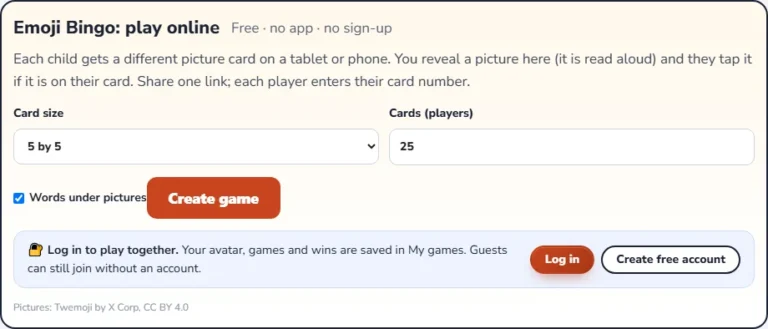 Play emoji bingo online: the setup screen for the picture bingo game with card size and player count