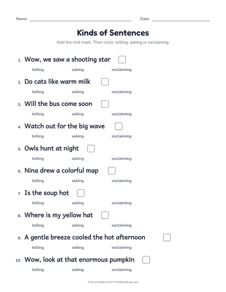 End punctuation worksheet: add a period, question mark or exclamation mark to each sentence