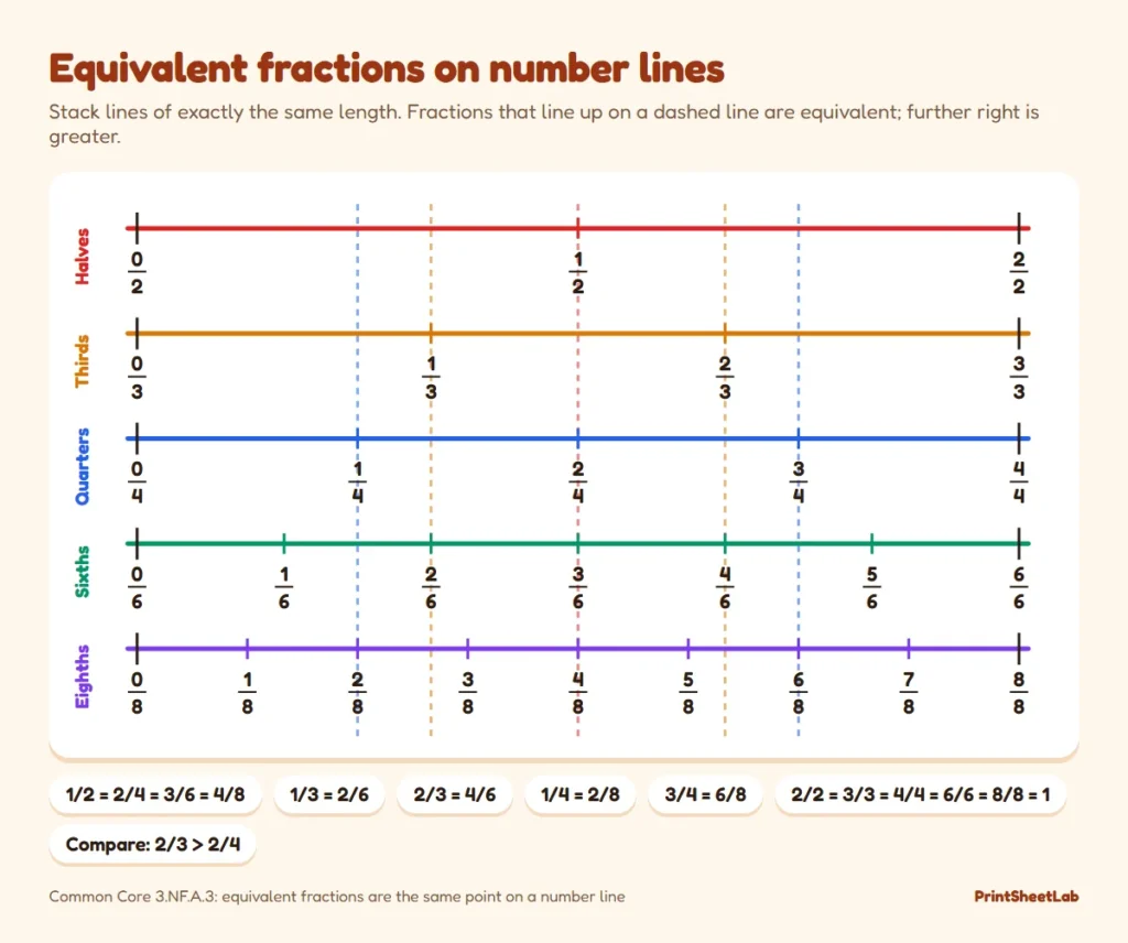 Stacked number lines in halves, thirds, quarters, sixths and eighths showing equivalent fractions on number line points such as 1/2 = 2/4 = 4/8