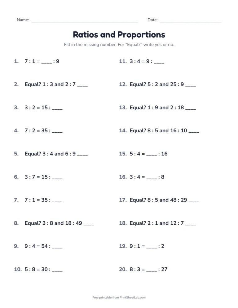 Ratio worksheets: equivalent ratios and missing numbers in ratio tables, with answer key